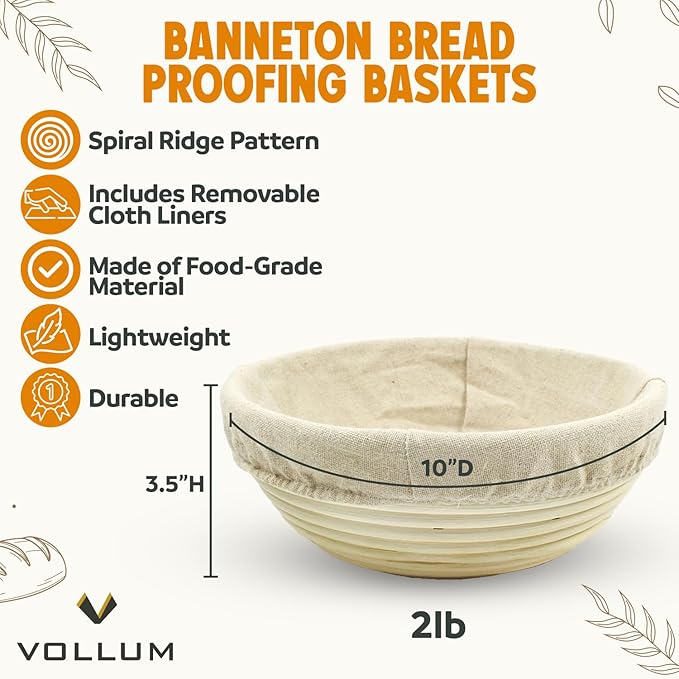 Banneton Bread Proofing Basket Sourdough Proofing Basket for Beginners & Professional Bakers, Handwoven Rattan Cane Bread Maker for Artisan Breads, 10 x 3.5 Inch, 2-Pound Round Brotform