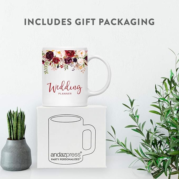 Andaz Press 11oz. Wedding Ceramic Coffee Tea Mug Gift, Fall Autumn Marsala Burgundy Flowers Roses Florals, Wedding Planner, 1-Pack, Includes Gift Box