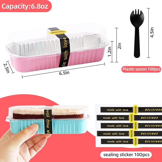 Mini Loaf Pans with Lids and Spoons Sealing Sticker,120 Pcs 6.8oz Cake Pans for Baking Disposable Aluminum Foil Red cake pan (mixed)
