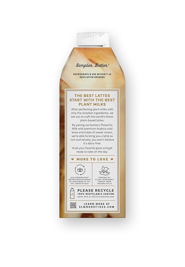 Elmhurst 1925 Pistachio Crème Latte – Plant-Based, Vegan, Dairy-Free Plant Milk Latte Made of Pistachio Milk, Cold Brew Premium Arabica with 95mg Caffeine & Sweet Cream Notes – 25.4oz (Pack of 6)