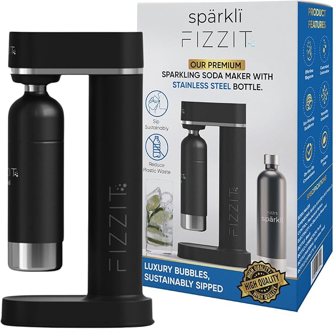Black Stainless Steel Sparkling Water Maker Soda Machine Includes 1L Stainless Steel Black Bottle and 1 C02 Cylinder