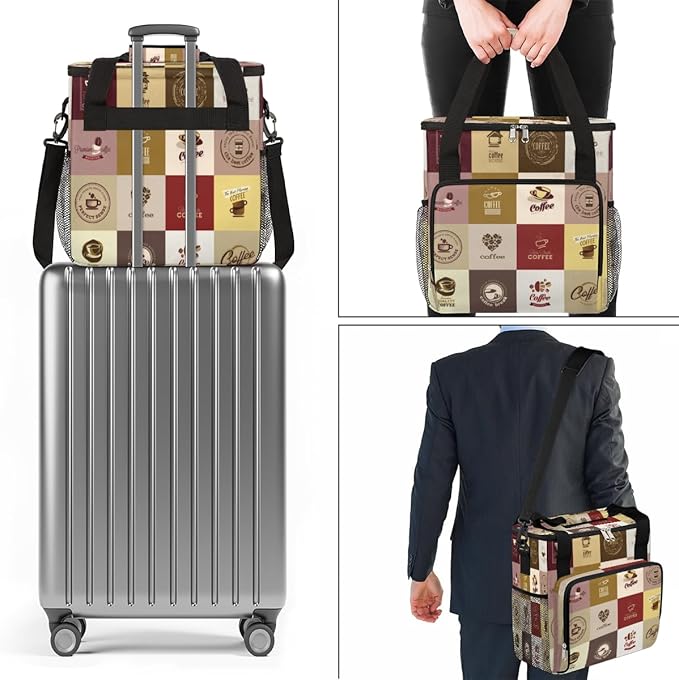 Set of Coffee Icons Maker Carring Bag Travel Carrying Storage Tote Compatible with Keurig K-Mini or Plus Portable Single Serve Brewer Case Pockets for K-cup Pods