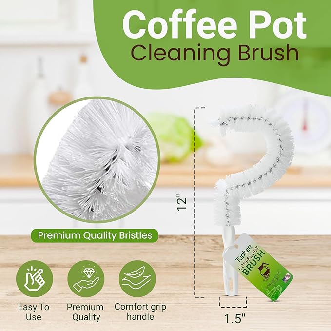Tupkee Coffee Pot Cleaning Brush – Non Scratching, Long Lasting Bristles, Curved Coffee Decanter Cleaning Brush - Great for Offices and Restaurants