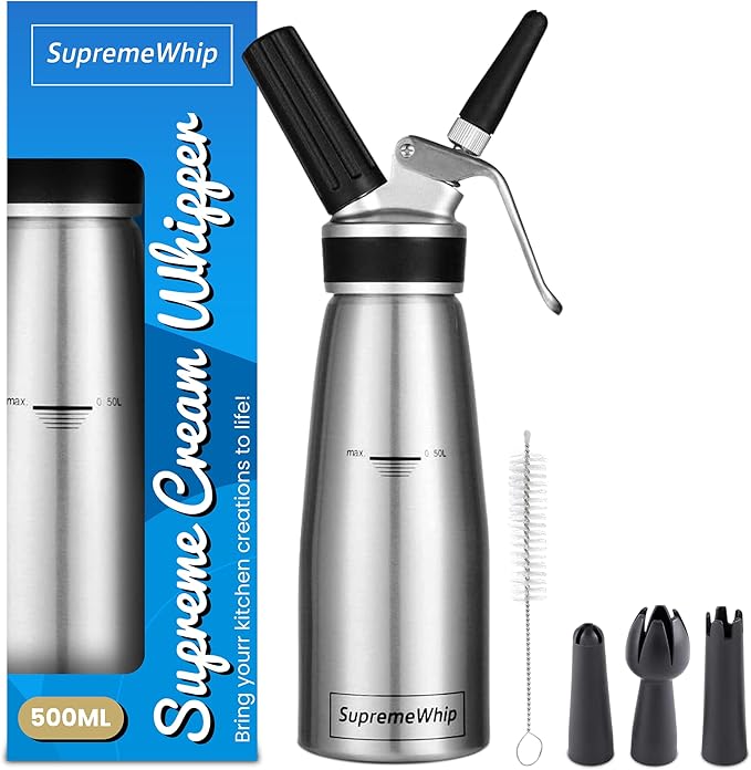 PRO Cream Dispenser, Durable High-Grip, Metal Lid with Rubber, 3 Nozzles, for Hot/Cold Use, Cleaning Brush Included, Silver - 500 ml / 1 Pint