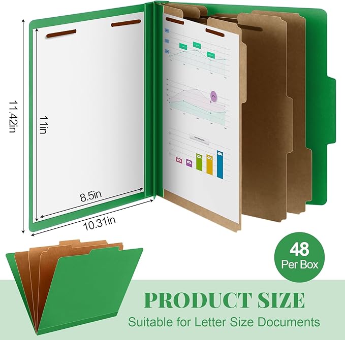 48 Pcs Classification Folders Letter Size, Back to School Supply for Teacher, Student, 3 Dividers Pressboard File Folder Bulk with 2 Fasteners, 3.5 Inch Expanding File Organizer (Green)