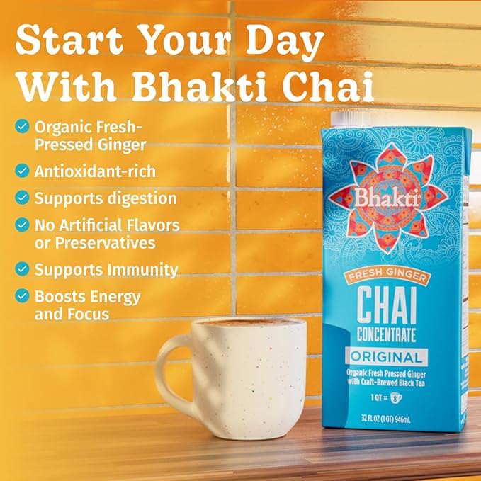 Bhakti Chai Tea Concentrate | Original, Organic Fresh Ginger, Black Tea, Sweetened, Spiced, Dairy-Free, Vegan, 32oz