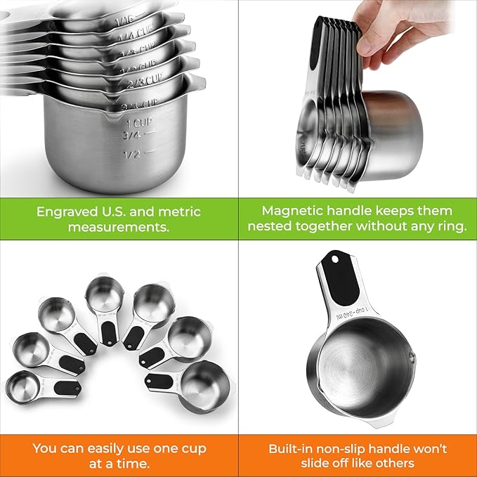 Spring Chef Magnetic Stainless Steel Measuring Cups (Patent Pending), Kitchen Tools with Easy to Read Markings for Measuring Dry or Liquid Ingredients, Set of 7, Black