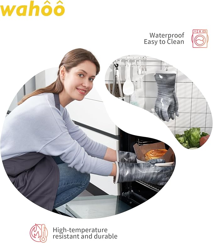 wahoo Liquid Silicone Smoker Oven Gloves, Food-Contact Grade, Heat Resistant Gloves for Cooking, Grilling, Baking, Grey, Large