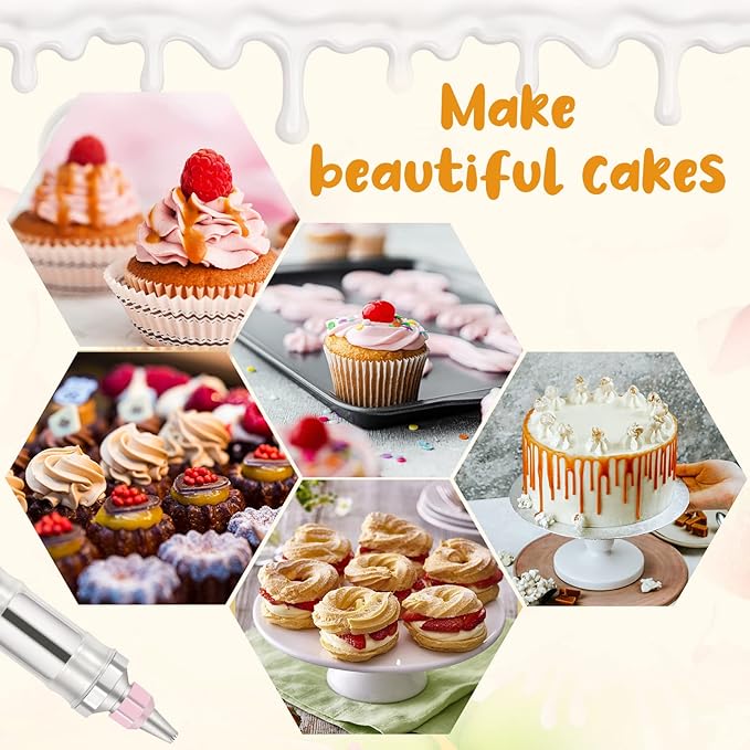 Dualshine Pink Cake Decorating Kit - 6 Russian Piping Icing Nozzles, 3 Cream Scrapers, Stainless Steel Cupcake Frosting Filling Injector