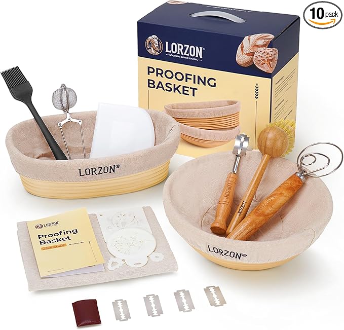 Banneton Bread Proofing Basket Set of 2 (10" Round & Oval Rattan) - Sourdough Bread Baking Supplies with Exclusive Bakers Couche, Dough Whisk, Dough Scraper, Bread Lame & Sourdough Starter Kit