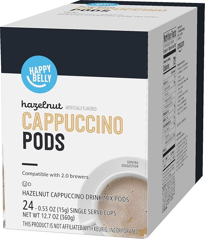 Happy Belly Light Roast Cappuccino Coffee Pods, Hazelnut Flavored, Compatible with K-Cup Brewers, 24 Count