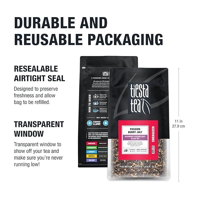Tiesta Tea - Passion Berry Jolt, Loose Leaf, Raspberry Passion Fruit Black Tea, Premium Blend, Caffeinated Black, Make Hot or Iced Brews Up to 200 Cups, 16oz Resealable Bulk Pouch