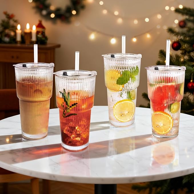 4PCS 20oz Glass Cups with Lids and Straws, Iced Coffee Cups with Lids, Stylish Ribbed Thick Drinking Glasses Tumbler for Juice, Smoothies, Cold Beverages, Cute Cup Gifts with Clean Brush