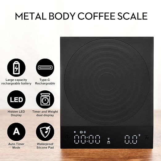 Rechargeable Mini Coffee Scale with Timer,FSJCOFFEE Espresso Scale Metal Body 2kg/0.1g Precision Coffee Scale, for Pour-Over Coffee,Portable Digital Kitchen Scale, Food Scale with Auto Timer (Black)