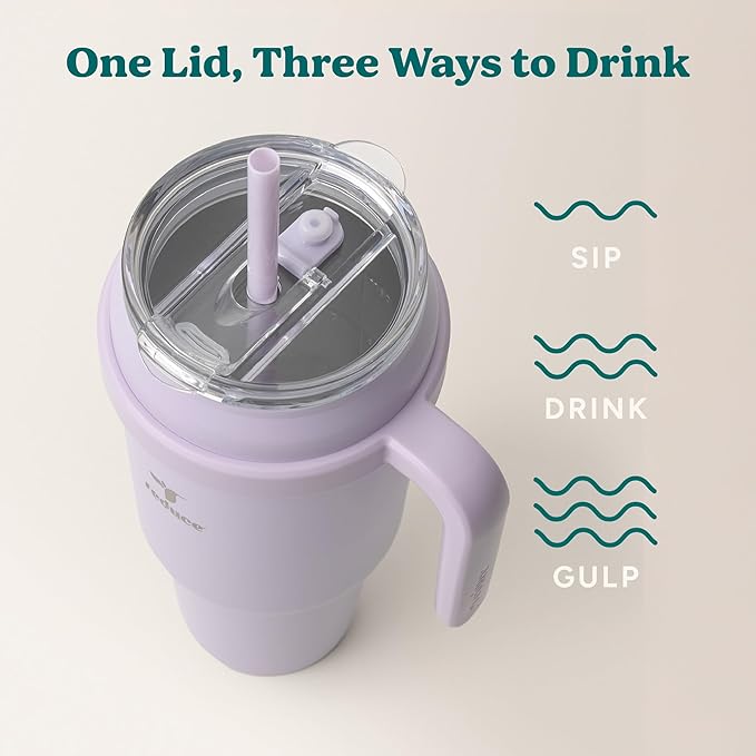 Reduce Reusable 50 oz Cold1 Water Tumbler – Ergonomic Handle – Double-Wall Insulation – Sturdy Desktop/Tabletop Mug with Lid and Straw -BPA-Free –Stainless Steel for Gym, Home, Office– Gentle Lavender