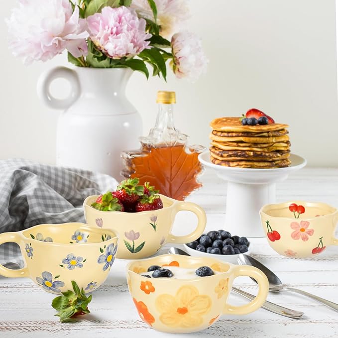 Ceramic Coffee Mug Vintage Flower Mugs 8 oz Cute Floral Coffee Mugs Irregular Latte Art Cup Lead-free Porcelain Cups for Cappuccino, Cocoa (4 Pack)