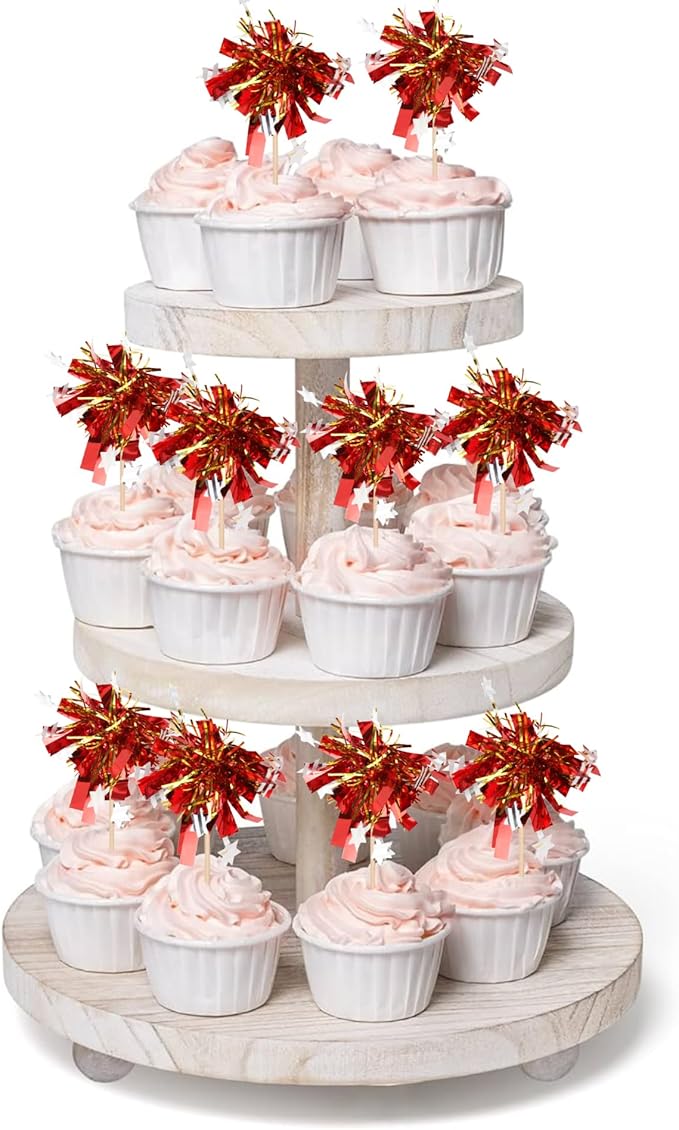 30 PCS Foil Firework Cupcake Toppers Happy Birthday Star Cupcake Picks Sparkle Tinsel Drink Stirrers Cocktail Fruit Toothpicks for Valentine's Day Wedding Birthday Party Decorations Supplies Red Gold