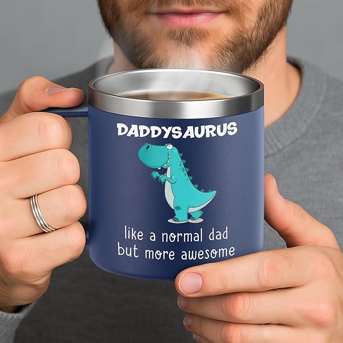 Gossby Gift for Dad - 14oz DADDYSAURYS Insulated Coffee Tumbler Mug - Father's Day, Christmas, Birthday Gift for Dad from Daughter, Son, Kid - Travel Cup with Lid and Straw