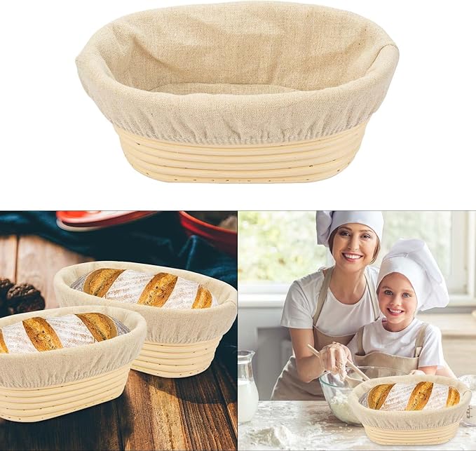 2 PCS 8 inch Oval Long Banneton Brotform Bread Dough Proofing Rising Rattan Basket & Liner for Professional & Home Bakers