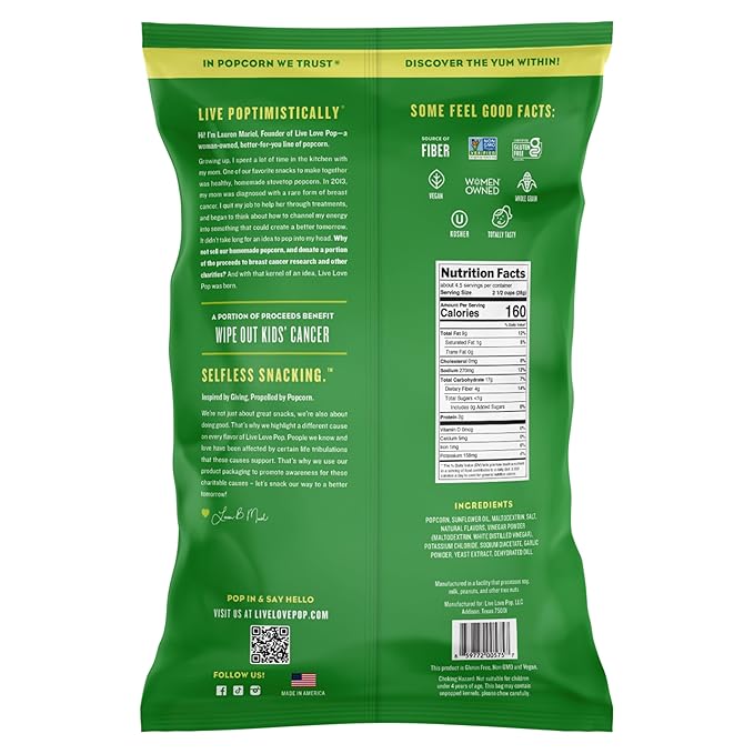 Live Love Pop Dill Pickle Flavored Gourmet Popcorn, 4.4 Oz (Pack of 6), Healthy Snack, Gluten Free, Vegan & Non-GMO, Mission Driven Munchies