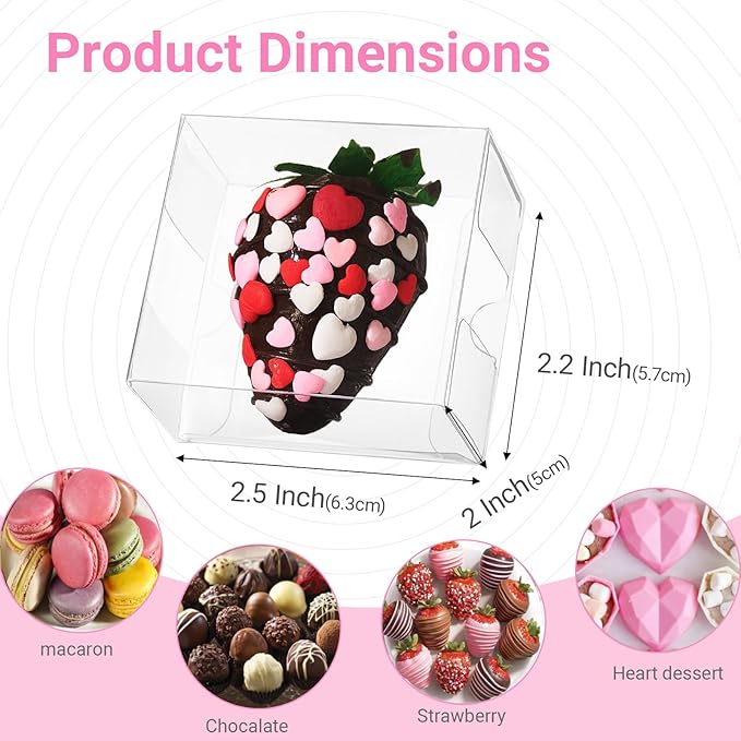 50 Pcs 2.5" X2.2" X2" Clear Single Chocolate Covered Strawberries Box Small Bakery Treat Boxes Macaron Boxes Mini Cinnamon Roll Boxes for 2 Gift Box for Wedding Birthday Christmas Party
