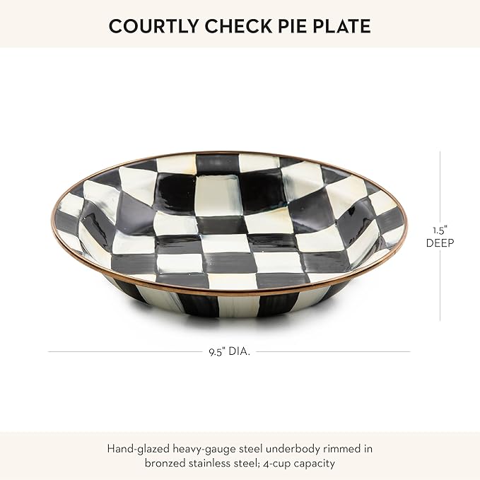 MACKENZIE-CHILDS Enamel Pie Plate, Ovenproof Pie Pan for Cooking and Serving, Black-and-White Courtly Check