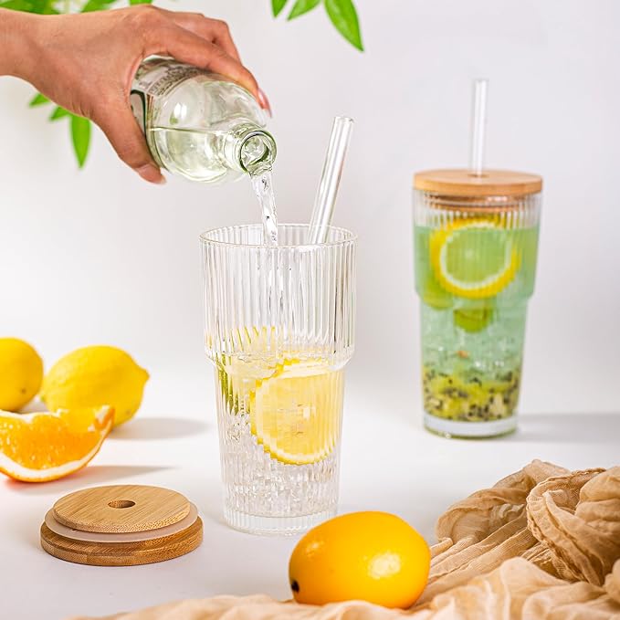 20 oz Ribbed Glass Tumblers with Bamboo Lids and Straws, 2 Pcs Wide Mouth Thickened Vintage Glass Cup for Boba, Iced Coffee, Juice
