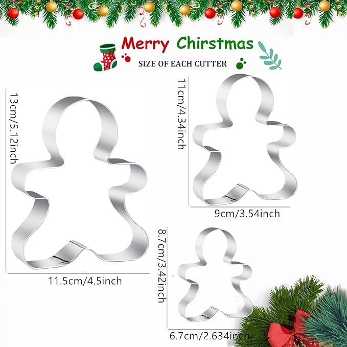 3-Piece Gingerbread Man Cookie Cutter Set, 5.12" x 4.34" x 3.42" - Stainless Steel Holiday Cookie Cutter Shapes for Baking Gifts