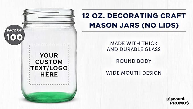 DISCOUNT PROMOS Custom Decorating Mason Jars 12 oz. Set of 100, Personalized Bulk Pack - Glass Jars for Overnight Oats, Candies, Fruits, Pickles, Spices, Beverages - Green