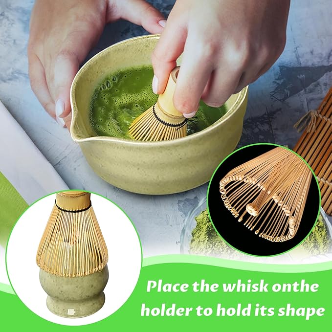 Matcha Set, 6 Pcs Matcha Whisk Set with 20 oz Bowl, Bamboo Whisk for Matcha Tea, Matcha Bowl, Ceramic Matcha whisk Holder, Stainless Sifter and Scoop - Gift for matcha kit Lovers（Green）