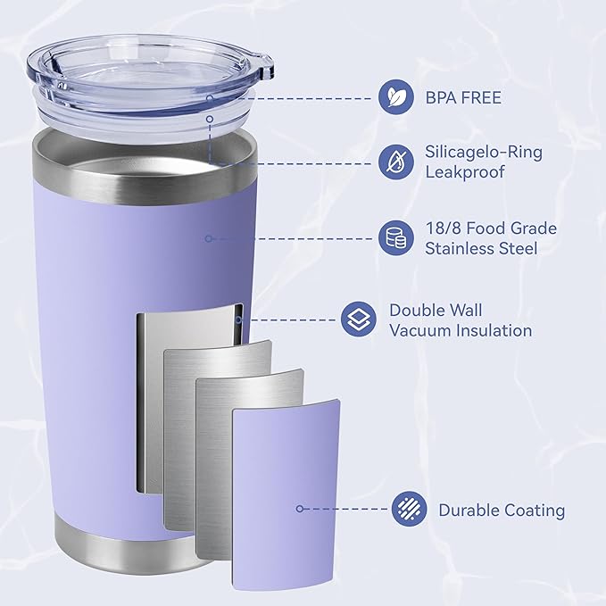 HASLE OUTFITTERS 20oz Stainless Steel Tumblers Bulk, Insulated Travel Cup with Lid, Double Wall Vacuum Coffee Mug for Cold & Hot Drinks 12 Pack, Light Purple