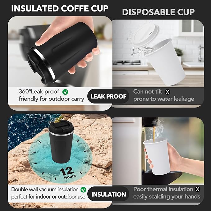 Volhoply 12 oz Double Wall Insulated Vacuum Travel Coffee Mug with Flip Lid Bulk 4 Pack,Reusable Stainless Steel Leak Proof Coffee Cups,Portable Cafe Thermal Tumbler for Hot & Cold Drinks(Black,4 Set)