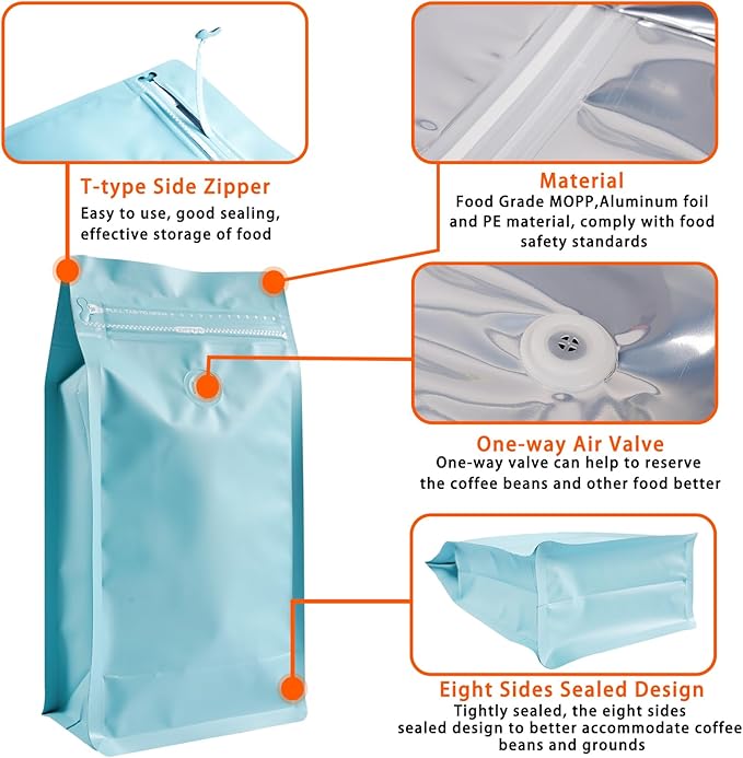 Coffee Bags with Valve (50 PCS,16oz/1lb) Blue High Barrier Aluminum Foil Flat Bottom Standing Coffee Beans Storage Packaging Bags, Reusable Heat Seal Side Zipper Pouches for Small Business and Home
