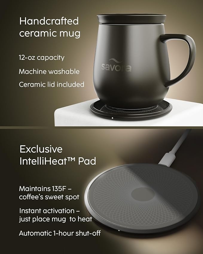 Temperature Control Smart Mug with Wireless Heating Pad - 12oz Ceramic Coffee Mug Warmer | Maintains 135°F Self Heating Cup | IntelliHeat Technology | USB-C Powered - Black