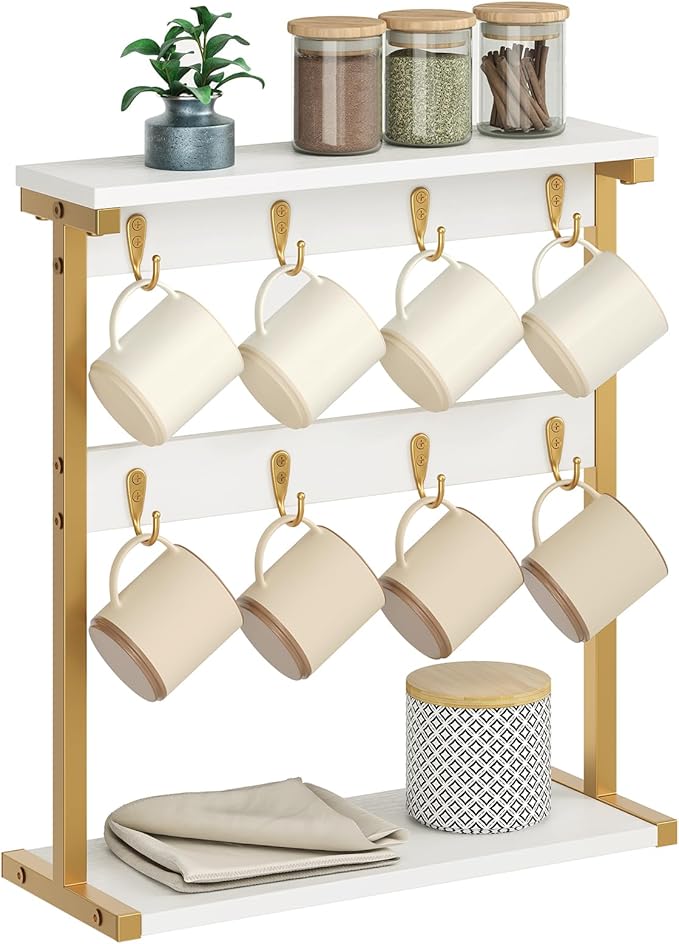 Coffee Mug Holder for Counter, 2 Tier Mug Tree Rack, with 8 Hook and 2 Open Shelves, Vintage Mug Holder Stand for Home Kitchen, White and Gold MH43DW
