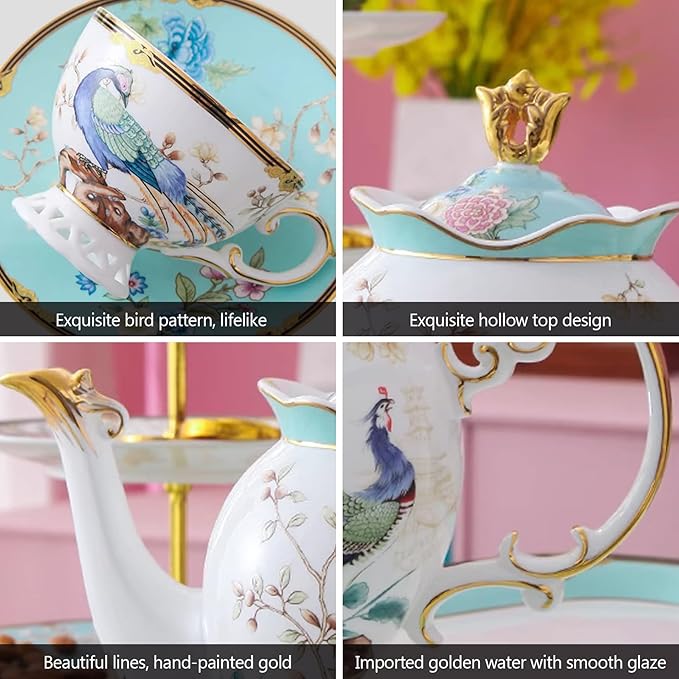 ACMLIFE Fine Bone China Tea Set with Teapot, Porcelain Tea Sets for Adults, 21-Piece Vintage Tea Set for 6, 24K Gold Blue English Floral British China Tea Sets for Women Tea Party for Gifts