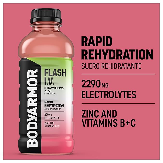 BODYARMOR Flash I.V. Electrolyte Beverage, Strawberry Kiwi, Hydration Drink with Coconut Water For Rapid Rehydration, Post Workout Recovery, 20 Fl Oz (Pack of 12)