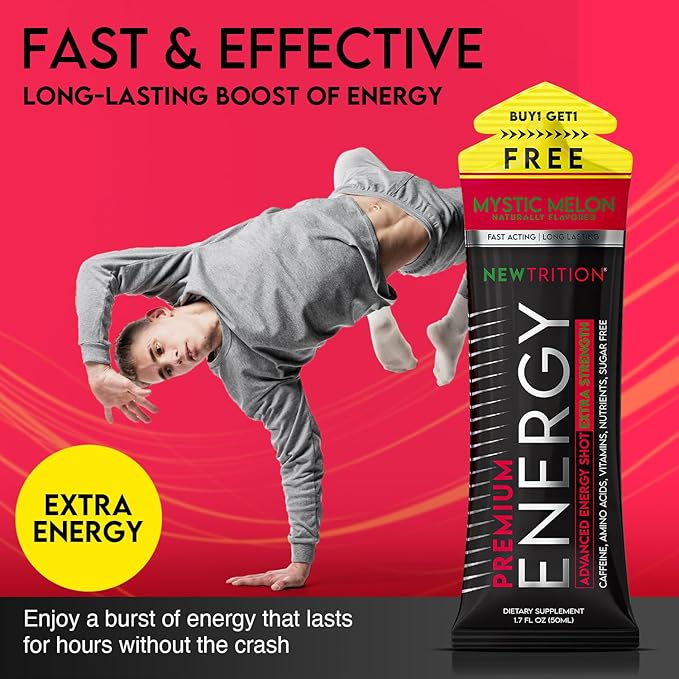 NewTrition® Extra Strength Energy Shots, 250mg Caffeine Energy Shots with Vitamin B & Amino Acids, Sugar-Free Vitamin Energy Shot, 1.7 fl oz (Pack of 12, Mystic Melon)