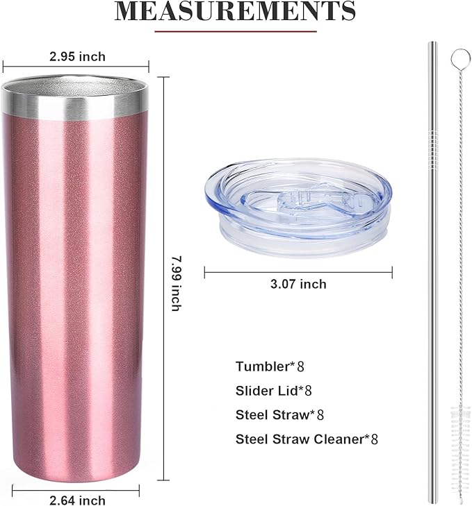 20 oz Skinny Tumblers with Lid and Straw,Stainless Steel Vacuum Insulated Tumbler Cup Double Wall Travel Coffee Mug, Thermal Water Tumbler for Hot and Cold Drinks(Rose Gold,8)