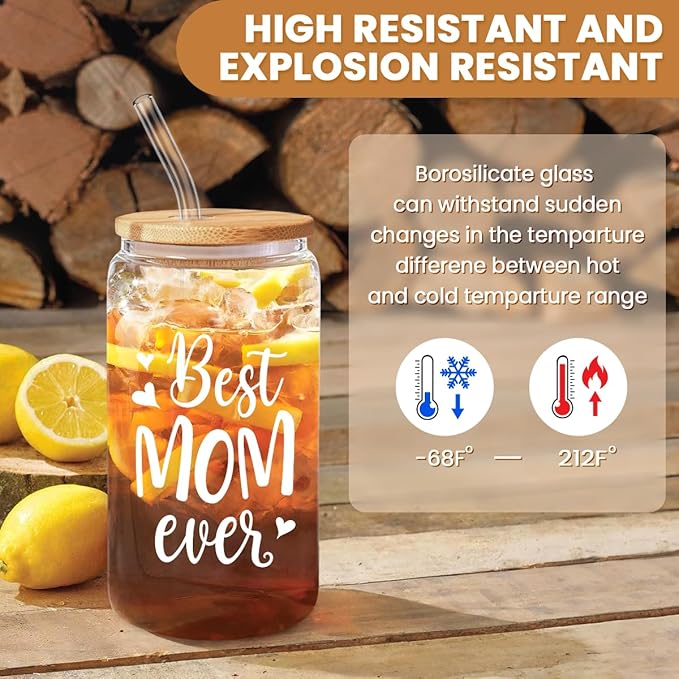 Gifts for Mom from Daughter Son - Mom 16 Oz Can Glass Coffee Cup with Bamboo Lid & Straw - Mothers Gift for Women on Birthday Mothers Day Valentines