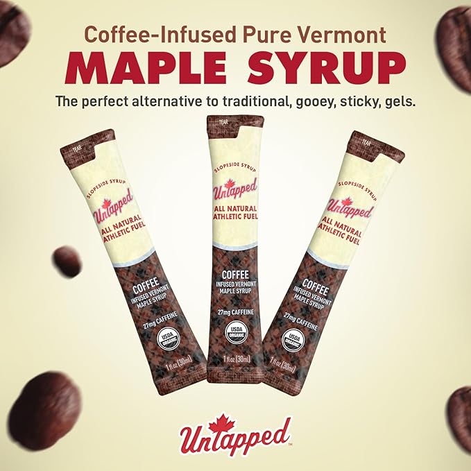 UnTapped Coffee Infused Vermont Maple Syrup Packets for Athletes, Box of 20-1 fl oz | Pure Maple Syrup with Organic Coffee for Natural Endurance Energy | Fuel to Keep You Running Longer