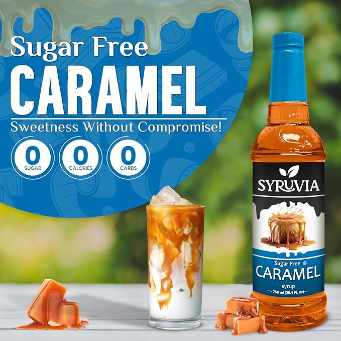 Syruvia Sugar Free Coffee Syrup, Caramel Flavored Syrup for Drinks, Lattes, and Desserts – 25.4 fl oz, With Pump