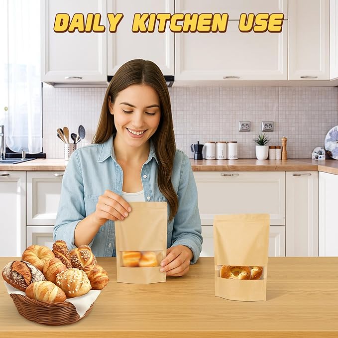 50 Pack Zip Lock Bags, Reusable Snack Bags with Window, Cookie Bags for Pastry, Herbs, Jerky, Spices, Soap, Pet, Gifts, Resealable Baggies for Small Business, Farm Stand Supplies