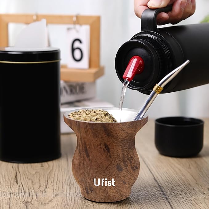 Yerba Mate Cup Set, Include Stainless Steel Double-Wall Mate Gourd with 2 Bombilla Straws and Cleaning Brush, 7.8oz Capacity (Wood Grain)