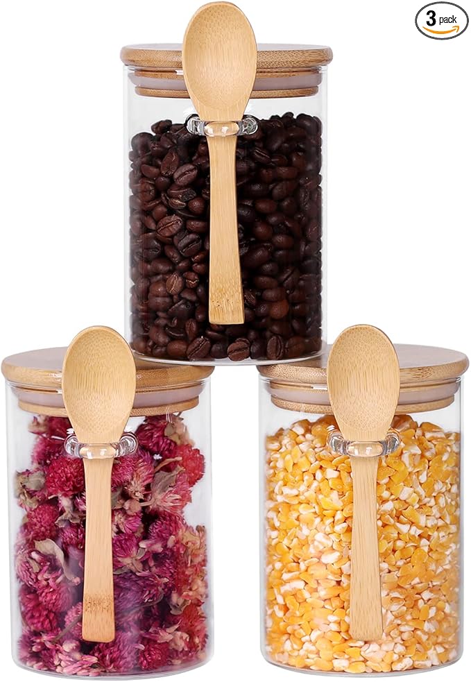 Glass Jars with Bamboo Lids and Spoon, 17 OZ Set of 3 Small Glass Sugar Container with Wooden Lids and Scoop, Coffee Tea Jars for Loose Tea, Coffee Bar Containers