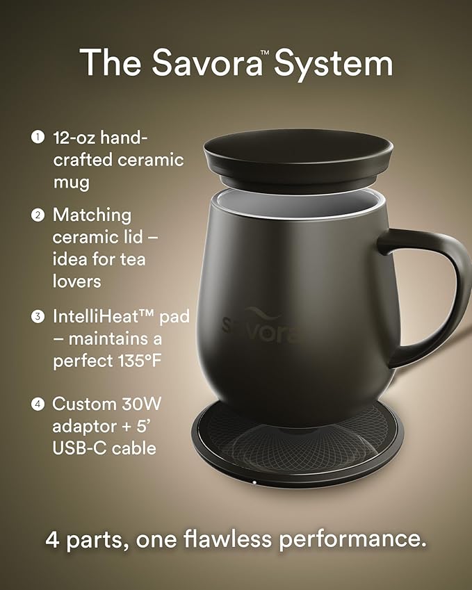 Temperature Control Smart Mug with Wireless Heating Pad - 12oz Ceramic Coffee Mug Warmer | Maintains 135°F Self Heating Cup | IntelliHeat Technology | USB-C Powered - Black