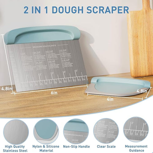 2 IN 1 Upgrade Bench Scraper, Dough Scraper for Pastry Bread Cake Pizza, Stainless Steel Dough Cutter with Conversion Chart & Measuring Scale, Bowl Scraper Food Scraper for Kitchen Baking, Blue