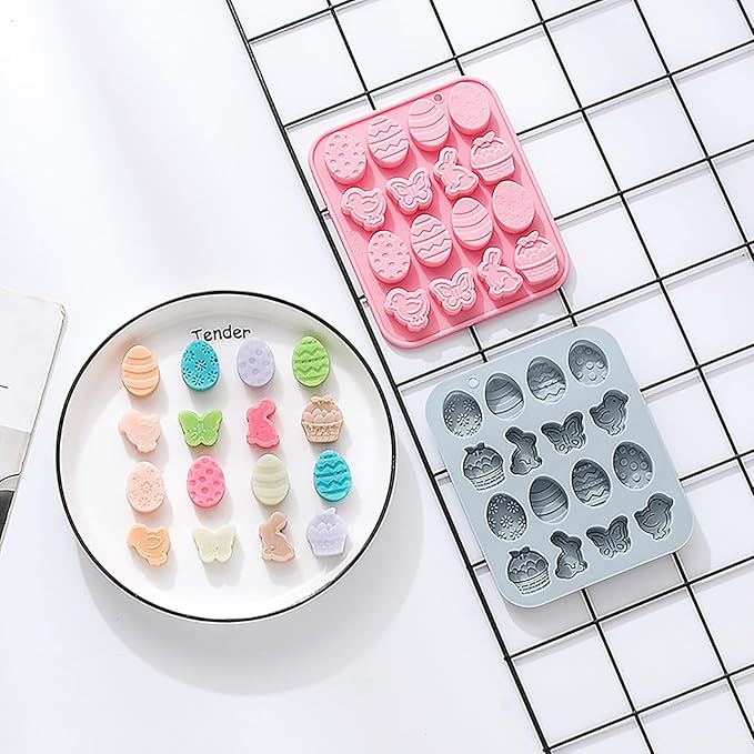 Easter Silicone Candy Molds, 16 Cavity Mini Bunny Egg Butterfly Chick Chocolate Molds Design, Baking Molds for Making Jellies, Soft Candy, Ice Cubes, Wax Melts, Soaps, Resin etc Cake Decor Set of 2