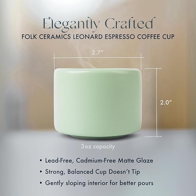 Folk Ceramics Leonard Ceramic Espresso Cups | Modern Stackable Demitasse Mugs for Espresso | Double Walled, Handleless, Durable, Dishwasher & Microwave Safe | 3oz, Set of 2 | Misty Green