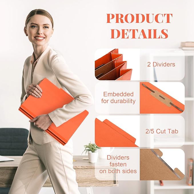 60 Pcs Classification Folders Letter Size, 2 Divider Pressboard File Folders with 3. 5 Inch Expansion, 2 Prongs Fastener, Heavy Duty Office File Organizers for Teachers, Medical (Orange)